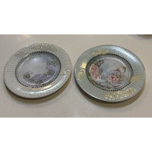 Vtg Linea Custom Painted Plates Porcelain Floral Butterflies Set‎ Of Two 7.75"